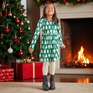 Hanna Andersson Long Sleeve Holiday Print Christmas Tree Lettuce Edge Rib Dress